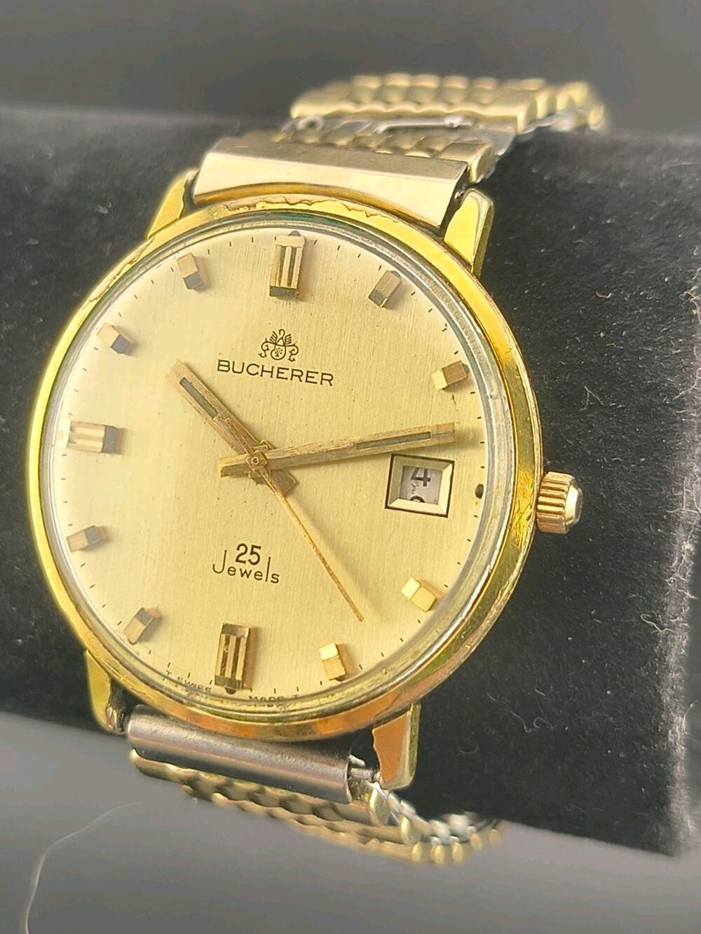 Vintage 1960s Bucherer 25J Automatic Watch Gold Tone Repair